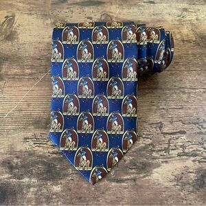 Vintage Teo Grimaldi Silk Tie Navy Blue Brown Polo Player Horse Novelty Print